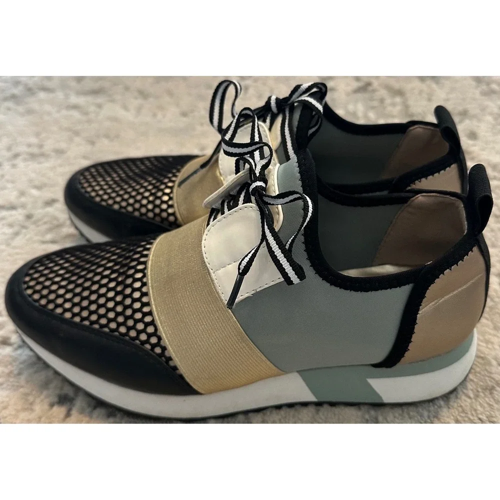 Steve Madden Cutout Mesh Sneakers Women's Size 6.5 Mint‎ Gold Black White